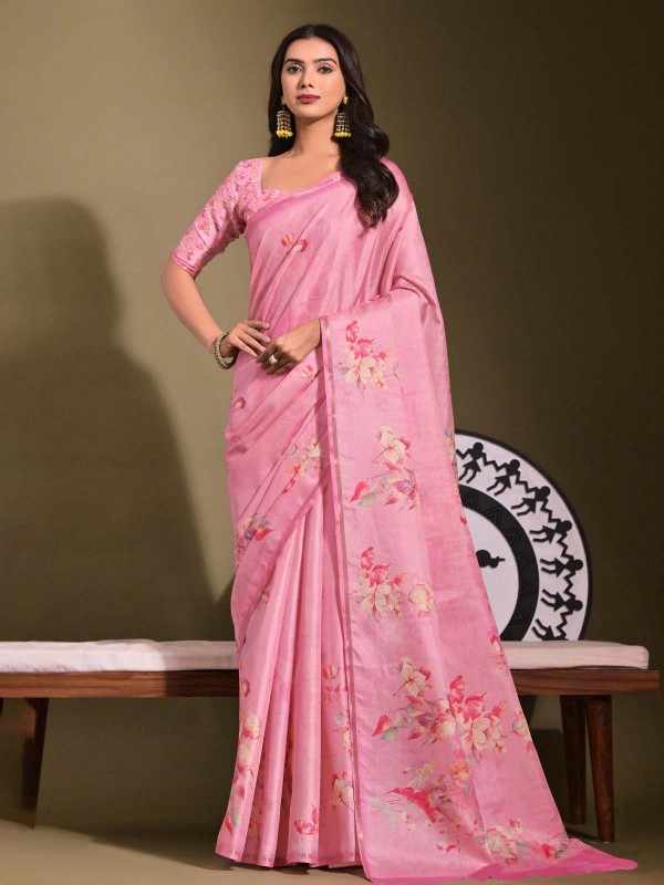 Pink Tussar Silk Digital Print Saree